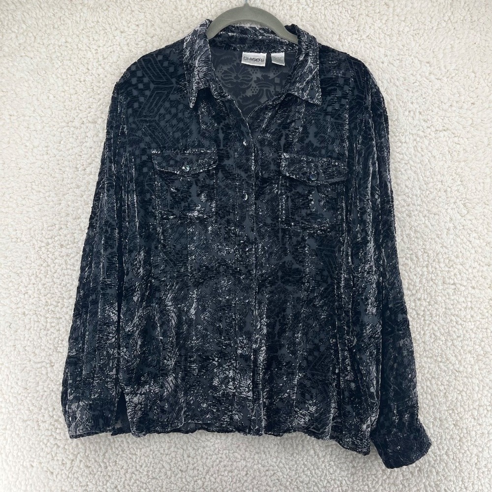 Chico's Silk Blend Burnout Velvet Button Up Shirt Womens Size 1 M Black Floral